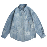 Threebooy Vintage Print Denim Shirts Mens Streetwear Long Sleeve Shirt for Men Harajuku Loose Casual Cotton Blouse Jeans Coats