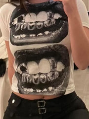 Threebooy Y2k American Streetwear Gothic T Shirt Printed Lip Shape Cropped Top Sexy Hot Girl Tight Top High Street Versatile Fashion