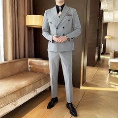 Threebooy Men's 2 Piece Set Suit Casual Elegante Style Slim Fit Dress Double Row Trendy Formal Wear For Wedding Groom