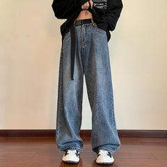 Threebooy Autumn New Blue Solid Simple Jeans With Belt Male Casual Mopping Denim Pants Men Oversized Zipper Wide Leg Jean Pants