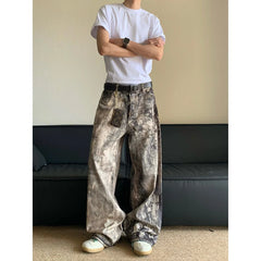 Threebooy American camouflage printed denim pants for men loose fit worn low waist wide leg casual pants