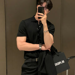 Threebooy Summer Men's Clothing Retro Knit Lapel Striped Polo Shirt Solid Color Short Sleeve Fashion Light Luxury Popular Knitwear M-3XL