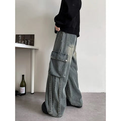 Threebooy Baggy Casual Denim cargo Pant man Mopping Trousers Yellow Mud Ribbons Multi-pockets Drawstring Jeans for Men Harajuku Streetwear