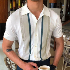 Threebooy Men's Business Striped Knitted Polo Shirt Light Luxury Leisure Turn Down Collar Button Short Sleeve Shirts Breathable Knitwear