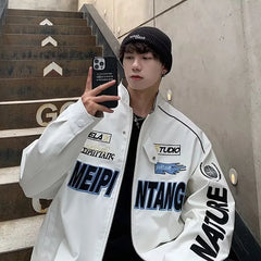 Threebooy Autumn Varsity Jacket Long Sleeve Motorcycle Jacket Racing Baseball Jacket Men Y2k Printed Casual Loose Coat