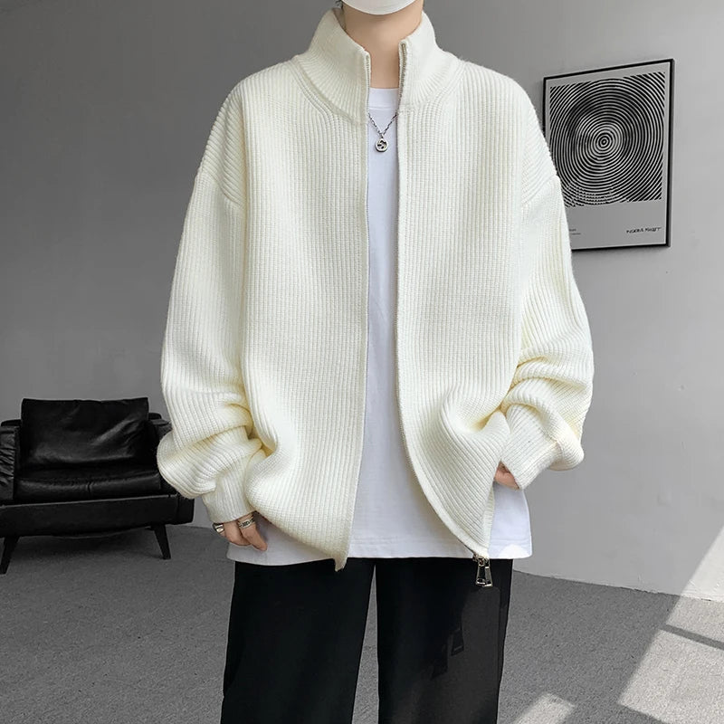 Threebooy Autumn Winter Stand Collar Zipper Sweater Men Streetwear Knitted Sweater Loose Solid Color Knitted Cardigan Coat 4 Colors
