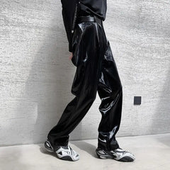 Threebooy British Style Net Trend Personality Streetwear Bright PU Leather Trousers Side Tight Waist Loose Casual Pants Men's S-2XL