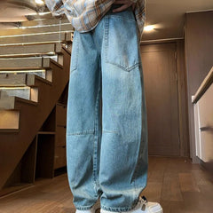 Threebooy Japanese Korean Casual Retro Curved Knife Jeans Men'S Loose Straight Leg Pants Large Pockets Wide Leg Pants High Street Jeans