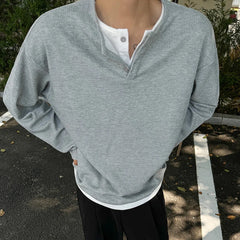 Threebooy Simpel Men's T-shirts Double Layer Patchwork Round Collar Contrast Color Casual Tops Long Sleeve Knitting Male Tees