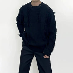 Threebooy Mens Sweater Damaged Tassel Casual Knit Sweater Streetwear Fashion Youth Campus Comfortable Long-Sleeved Top Male Men'S Clothing