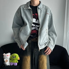 Threebooy 90s Streetwear American Embroidery Washed Denim Jacket Men's Spring and Autumn New Style Loose Casual Jacket Top Couple