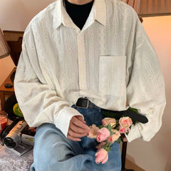 Threebooy French Retro Hollow Long-sleeved Shirt Men Women Korean Style Lazy Style High-end Niche Design Casual Loose Shirt Aesthetic