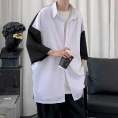 Threebooy Stitched Contrasting Color Shirt Men's Summer Loose Trendy Brand Three-quarter Sleeve Inch Trend