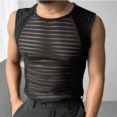 Threebooy Men's Summer Sheer Mesh Fitness Sleeveless Vest Outdoor Sports Striped Transparent Quick Dry Gym Tank Top