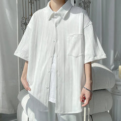 Threebooy Summer Short Sleeved Shirt Men Black White Casual Shirt Men Streetwear Korean Loose Pleated Shirt Mens Ice Silk Shirts 4XL