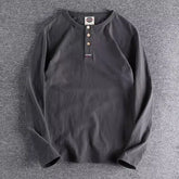 Threebooy Henry Neck Long-sleeved T-shirt Men's Autumn Winter Solid Color Vintage Top Loose American Retro Casual Bottoming Shirt