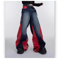 Threebooy Y2k Retro Washed Splicing Jeans for Men New Hip Hop Punk PU Leather Baggy Jeans Straight Casual Black Denim Trousers Streetwear