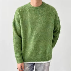 Threebooy Autumn Retro Gradient Fluffy Knitted Sweaters For Men Harajuku Fashion Green Crewneck Pullovers Hip Hop Streetwear Y2K Knitwear