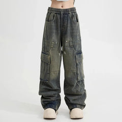 Threebooy Korean Style Large Pocket Workwear Jeans Retro Men'S Straight Leg Loose Wide Leg Pants High Street Hooligan Handsome Pants