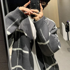 Threebooy Autumn Clothing Men's Light Luxury Knitted Button Down Cardigan Sweater Long Sleeve Streetwear Patchwork Coat Fashion Knitwear