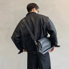 Threebooy Y2K Mens Leather Jacket Pockets Zippers Buttons Windproof Baseball Jacket Spring Casual Motorcycle Jacket Men's Clothing