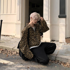 Threebooy 90s Streetwear Leopard Print Design with Curved Sleeves Short Jacket Men's Spring Autumn New Casual Jacket Top