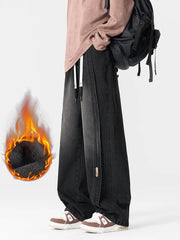 Threebooy Men's Winter Insulated Cargo Jeans Thick Fleece Warm Denim Pants Retro Style Wide-Leg Straight Baggy Jeans Asian Size L-5XL