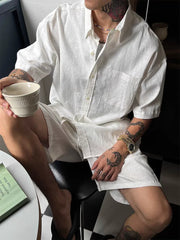 Threebooy American Style Cotton Linen Casual Sports Set Men Loose Workwear Short Sleeve Shirt Linen Breathable Five-Quarter Shorts Two-...