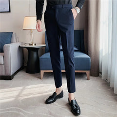 Threebooy New Men Non-iron Fabric Dress Pants Slim Straight Black White Casual Suit Pants Male Business Little Feet Suit Trousers