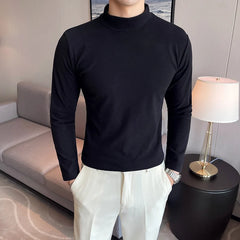 Threebooy New Style Male Spring High Quality Slim Casual Long Sleeve T-shirts/Men Fashion High Collar Pure Color Leisure T-shirt 3XL