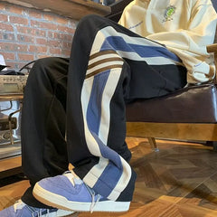 Threebooy Spring American Fashion Color Contrast Striped Casual Pants Men's Loose Straight Sports Pants Trendy Wide-leg Pants M-3XL