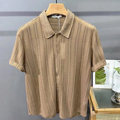 Threebooy Elegant Shirt Striped Simple Hollow Short-sleeved Top Summer Thin Loose Handsome Casual Drooping Men's Shirt Aesthetic