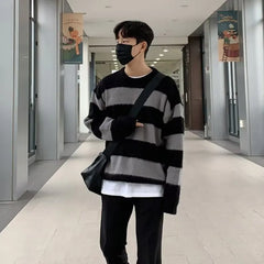 Threebooy Men's Knitted Drooping Striped Sweater Light Luxury Pullover Casual Loose O Neck Solid Color Long Sleeve Korean Popular Knitwear
