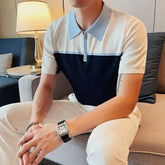 Threebooy Men's Summer High Quality Zipper Design Short Sleeve Knit Polo Shirts/Male Slim Fit Color Matching Lapel Polo Shirt S-4XL