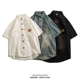 Threebooy American hip-hop men and women trendy splashed ink denim shirt for couples loose retro high-end wide casual top harajuku y2k