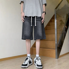 Threebooy Loose Fit Denim Shorts men Elastic Waist Drawstring Washed Casual Summer Vintage Distressed Streetwear Comfort Stretch Fashion
