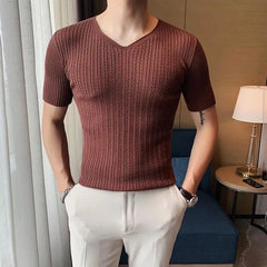 Threebooy Clothing Men's Summer High Quality Casual Knit T-shirt/Male Slim Fit Fashion V-neck Short Sleeve T-shirt Black White