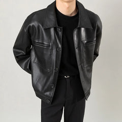 Threebooy Mens Leather Jacket Motorcycle Pocket Jacket Autumn Casual Streetwear Retro Korean Version Jacket Men's Clothing Unisex