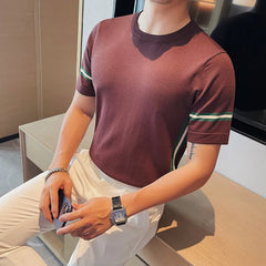 Threebooy Men's Summer High Quality Business Casual Short Sleeve T-shirts/Male Slim Fit Fashion Round Neck Knitted T-shirt S-4XL