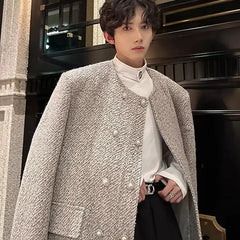 Threebooy Spring Autumn Collarless Shoulder Pad Suit Double-row Jacket Streetwear Versatile Short Handsome High-end Elegant Woolen Jacket