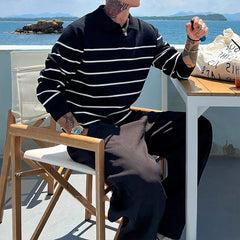 Threebooy American Chic Striped Men Polo Sweater Luxury Trendy Business V Neck Knit Solid Color Pullover Leisure Slim Long Sleeve Knitwear