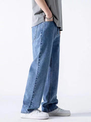 Threebooy Spring Autumn Men's Jeans Straight Denim Pants Banding Waist Cotton Streetwear Wide Leg Loose Casual Blue Long Jeans Trousers