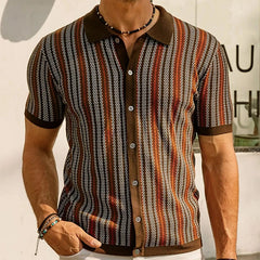 Threebooy Summer Clothing Men's Luxury Knitted Striped Printed Shirt Fashion Short Sleeve Button-down Shirts for Men Vintage Knitwear