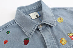 Threebooy Japanese Retro Denim Shirts for Men Short Sleeve Button Down Shirt Jacket Oversize Summer Men's and Women's Embroidery Top