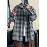 Threebooy Spring Long Sleeved Shirt Men Oversized Retro Plaid Shirt Men Japanese Streetwear Loose Casual Shirt Mens Black Vintage Shirts