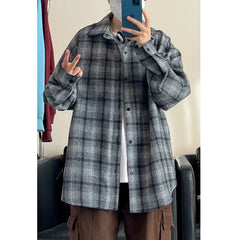 Threebooy Spring Long Sleeved Shirt Men Oversized Retro Plaid Shirt Men Japanese Streetwear Loose Casual Shirt Mens Black Vintage Shirts