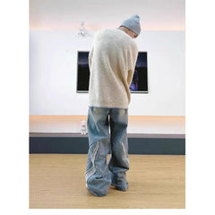 Threebooy Men's Denim Pants Male Jeans Patchwork Personalized panhandler pants Straight Casual Menwear Loose Wide Leg Trousers 2025 New