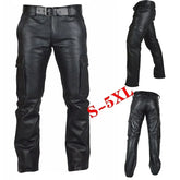 Threebooy Spring Fashion Men's Rock Style PU Leather Pants Men's Faux Leather Slim-Fit Motorcycle Trousers