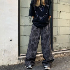 Threebooy men and women trendy and personalized straight tube spring/summer thin print loose couple retro wide leg casual pants