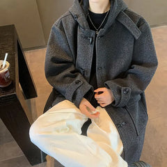Threebooy Korean Streetwear Hooded Woolen Trench Coat Men Autumn Winter Preppy Mid-length Windbreaker High-end Horn Button Woolen Coat